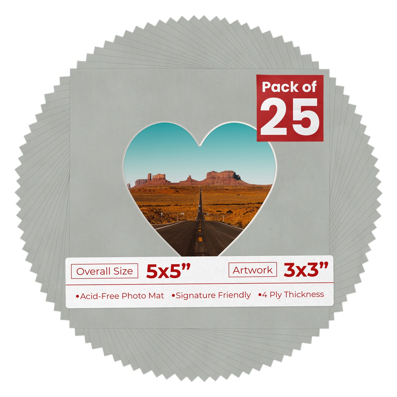 Light Grey Suede Mat Board for 5x5 Inch Frames - Heart Opening for 3x3 Photos